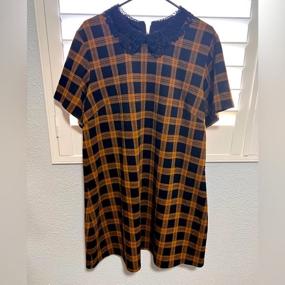 EUC City Chic Size 18 Black & Old Gold Dress with Black Lace Collar - Picture 1 of 5